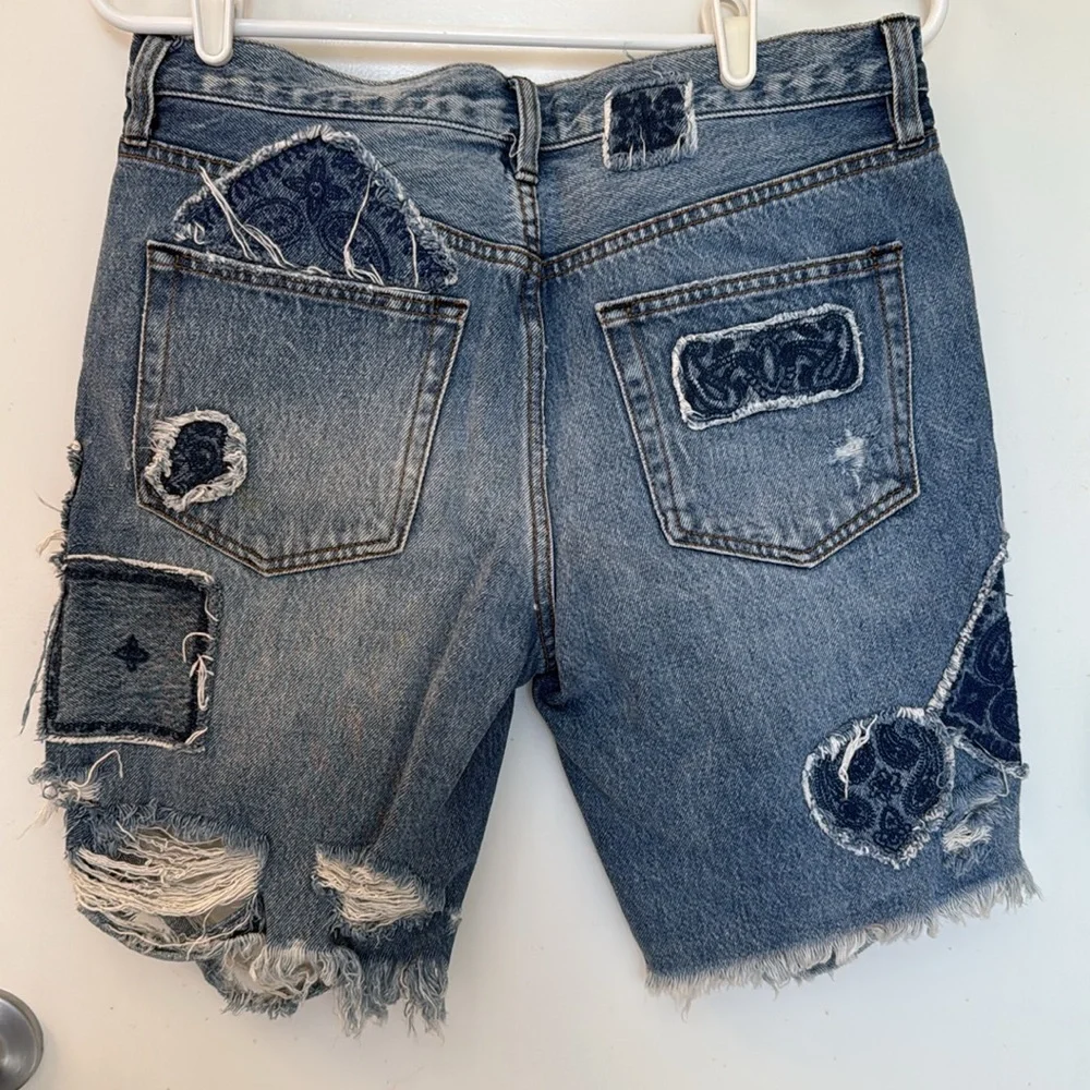 We The Free Distressed Blue Jean Shorts with Bandana Patchwork